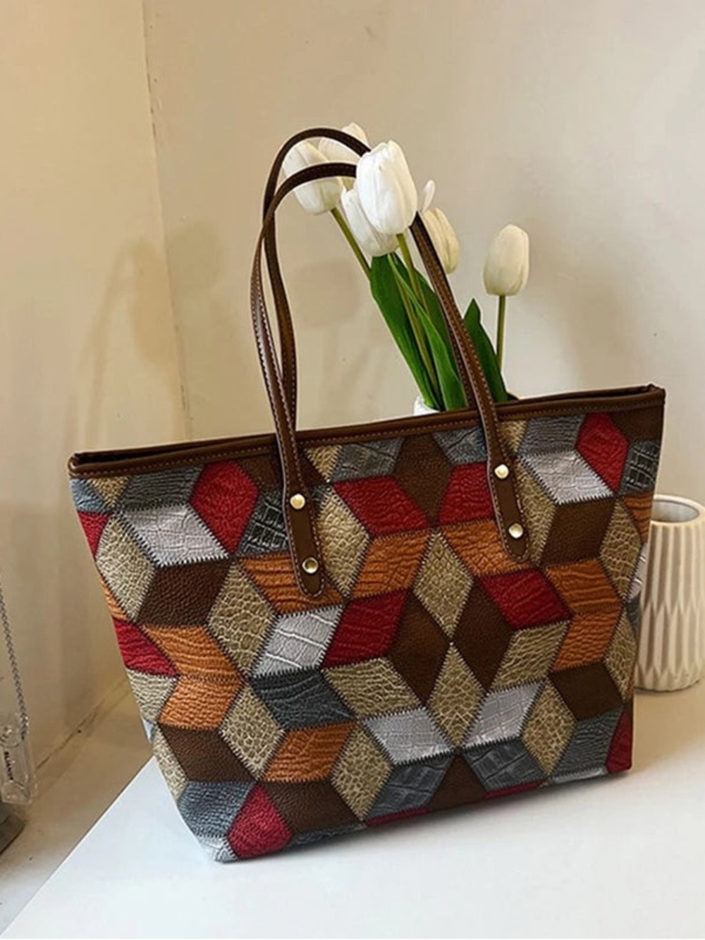 JINGPIN Geometric Patchwork Tote Bag 3-Piece Set – Brown Multi